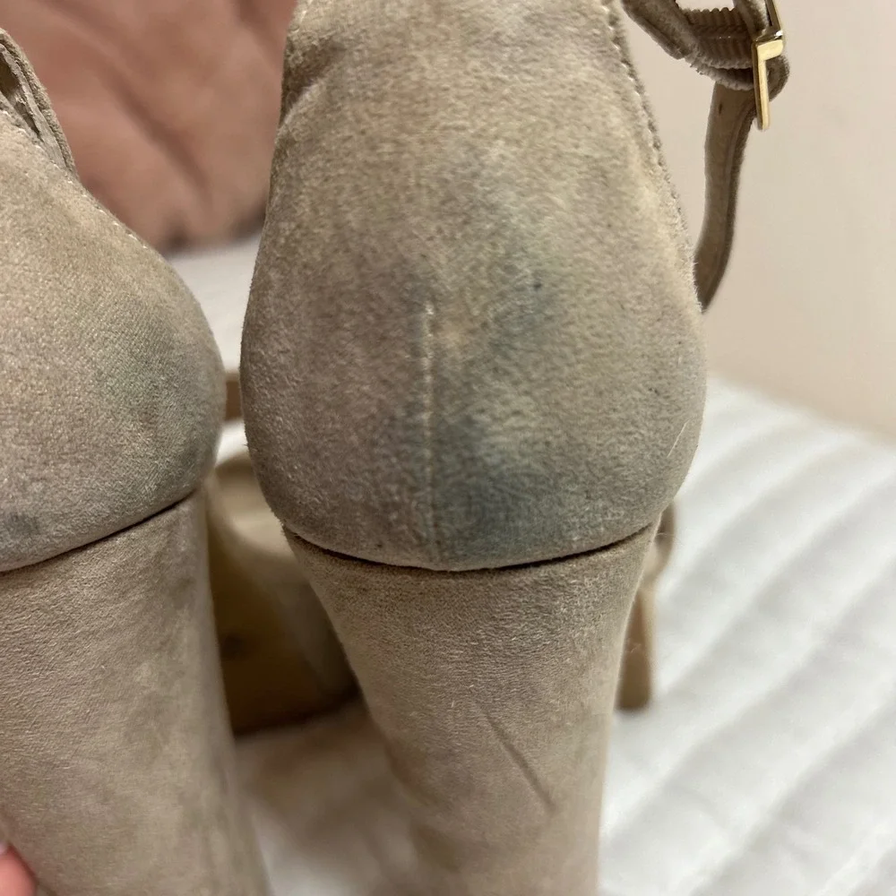 Chinese Laundry Women Taupe Suede Platform Block Heel Sandals Ankle Strap 7.5